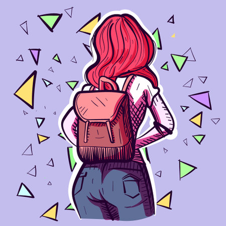 Digital art of a redhead girl with a backpack and blue jeans, back view angle. Vector of a woman with a bag, back to school conceptのイラスト素材