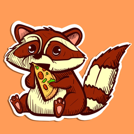 Digital art of a cute raccoon eating a slice of pizza. Vector of a cute red panda sitting and enjoying fast food.のイラスト素材