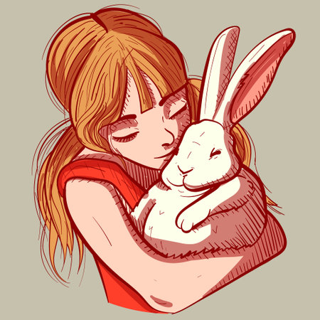 Digital art of a child holding a chunky white bunny in her arms. Vector of a young girl and her rabbit pet huggingのイラスト素材