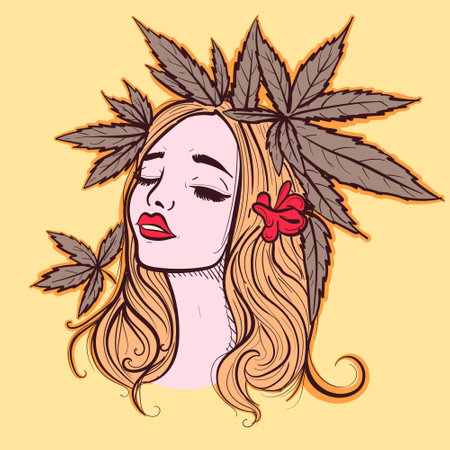 Digital art of a woman avatar with marijuana leaves and flowers around her blonde hair. Vector of a young girl head with floral decorations and cannabisのイラスト素材