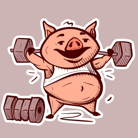 Digital art of a cartoon pig lifting weights and doing exercises. Fitness piglet bodybuilder with dumbbells working out to lose body fatのイラスト素材