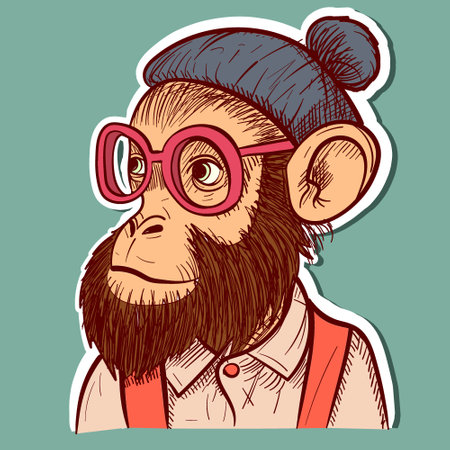 Illustration of a hipster monkey wearing eyeglasses, a hat and a shirt. Elegant gentleman chimp with fashion clothes.のイラスト素材