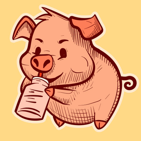 Illustration of a cute pig drinking a beverage with a straw. Vector of an adorable piggy holding a jar of milkのイラスト素材
