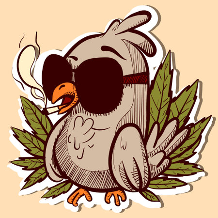 Illustration of a cartoon pigeon with marijuana leaves around him smoking a cigarette. Vector of a stoner bird character and cannabis plants.のイラスト素材