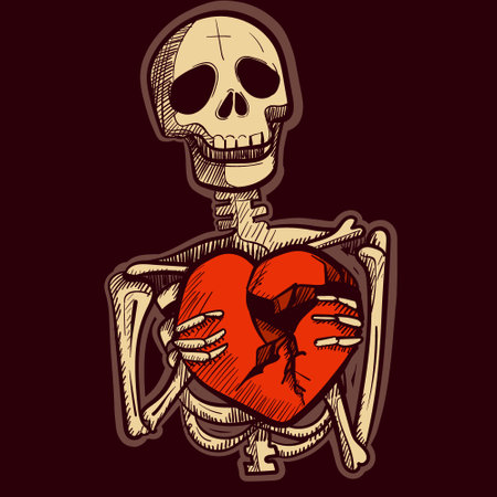 Illustration of a skeleton holding a broken heart in his hands. Vector of a dead gothic human with bones being sad and depressed.のイラスト素材