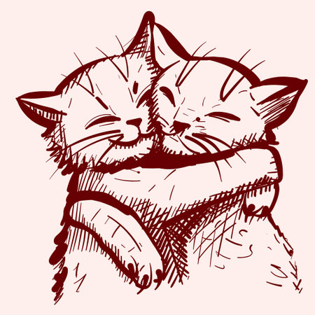 Sketch of two cute cats embracing each other. Vector of two adorable kitties hugging and cuddlingのイラスト素材