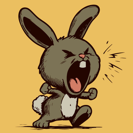Vector of a small angry rabbit screaming with his mouth open. Cute bunny cartoon character being upsetのイラスト素材