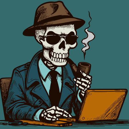 Grunge vector art of a policeman skeleton in a suit and sunglasses smoking a pipe and looking at the computer. Drawing of an undead cop with hat and tie solving a crimeのイラスト素材