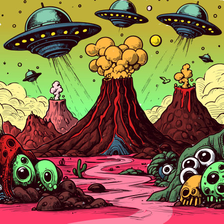 Trippy and psychedelic artwork of desert landscape from area 51. Surreal illustration of an alien...