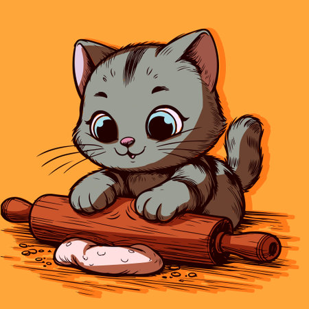Vector of a cute cat baking and cooking biscuits. Drawing of an anthropomorphic animal kneading the dough.のイラスト素材