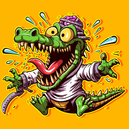 Cartoon art of an insane alligator in a straitjacket with his mouth open and brains. Anthropomorphic crocodile graffiti style escaping from the asylumのイラスト素材