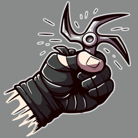 Cartoon doodle of a ninja hand holding a shuriken. Conceptual art of a samurai holding a metal bladeのイラスト素材