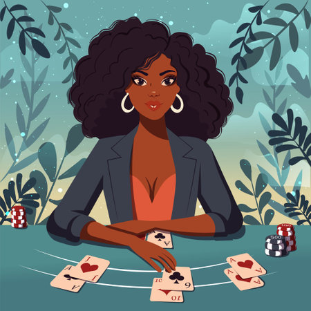 Flat illustration of a female blackjack dealer dealing cards on the table. Hand drawn illustration of an afro american woman working at the casinoのイラスト素材