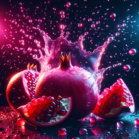 Pomegranate with water splash on black background. 3d renderingの素材