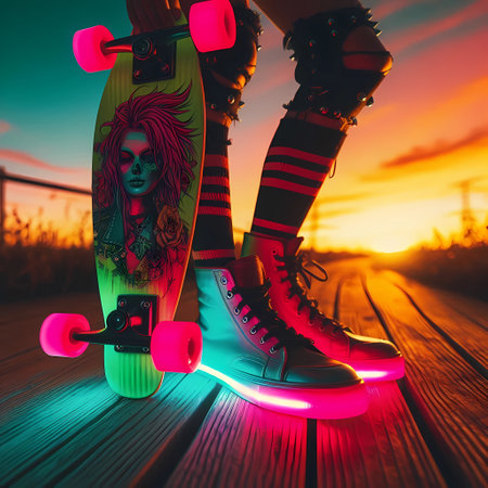 Skateboarder girl on skateboard at sunset or sunrise.の素材