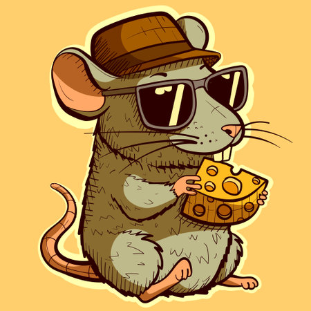 Small and cute mouse holding and eating cheese. Cool rat with sunglasses and a fedora being hungry.のイラスト素材