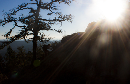 A hiker is silhoetted against the setting sun on Spencer's Butte in Eugene, Oregon.の写真素材