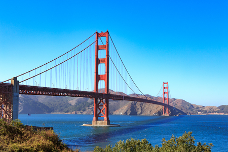 Blue sky above the Golden Gate Bridge in San Francisco, California.の写真素材