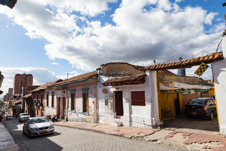 BOGOTA, COLOMBIA - APRIL 21: Cars drive up the street the candelaria neighborhood on April 21, 2016 in Bogota, Colombia.のeditorial素材