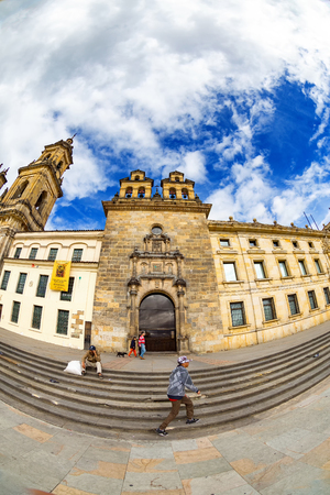 BOGOTA, COLOMBIA - APRIL 23: Unidentified people relax in front of the primary cathedtral in Bolivar Square on April 23, 2016 in Bogota, Colombia.のeditorial素材