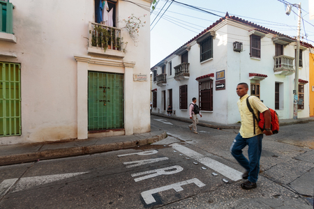CARTAGENA, COLOMBIA - MAY 20: Unidentified pedestrians walk down the street in Cartagena, Colombia on May 20, 2016.のeditorial素材