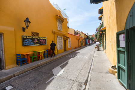 CARTAGENA, COLOMBIA - MAY 23: Colorful chairs and tables in the shade in Cartagena, Colombia on May 23, 2016.のeditorial素材