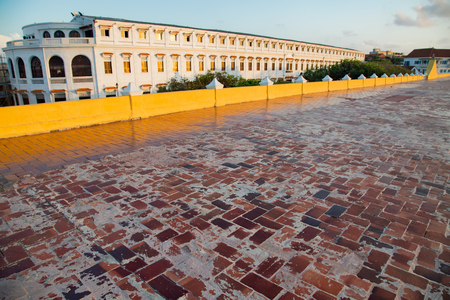View of the red bricks that form the floor of the colonial era wall in Cartagena, Colombia.の写真素材