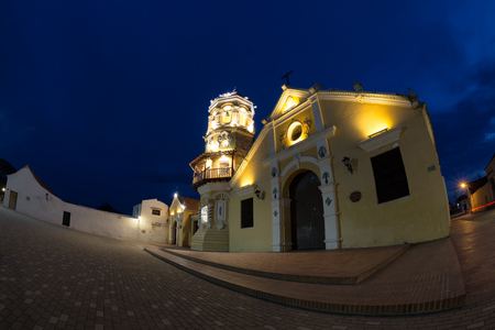 Fisheye view of the Santa Barbara Church during the blue hour in Mompox, Colombia.の写真素材