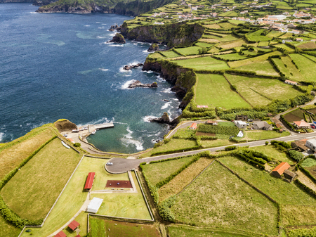 Aerial view of Ponta Delgada's port and rest area with the village in the background in the Azores.の写真素材