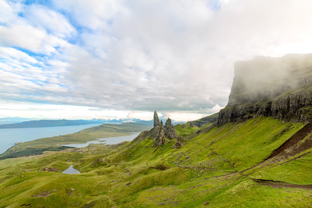 View of the Old Man of Storr with fog on the Isle of Skye in Scotland, United Kingdom.の写真素材