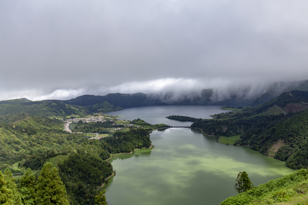 the small village of Sete Cidades next to Lagoa Verde and Azul on island of Sao Miguel.の写真素材