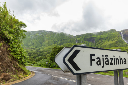 FAJAZINHA, PORTUGAL - AUGUST 7: A sign for the small village of Fajazinha on Flores island, Portugal on August 7, 2017.のeditorial素材