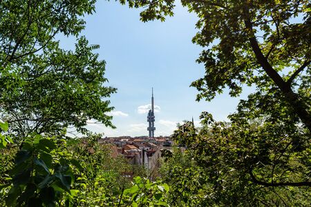 View of the Ziskov Television tower from Vitkov park in Prague, Czech Republic.