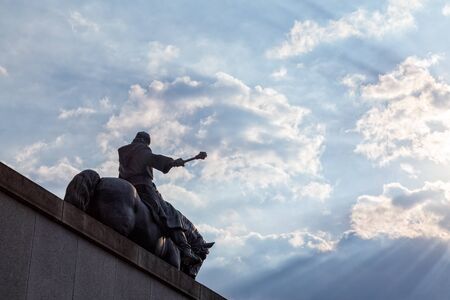 PRAGUE, CZECH REPUBLIC - SEPTEMBER 2: Looking up at the massive John Zizka of Trocnov and the Chalice statue in Prague, Czech Republic on September 2, 2016.のeditorial素材