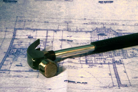  Blue prints and hammerの写真素材
