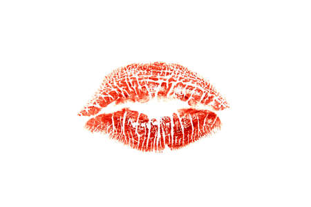 Red lipstick kiss print on a white backgroundの写真素材