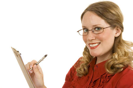 Young woman on white writing on a clipboard