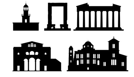 Silhouettes of landmarks in Greece include Acropolis in Athens, Akrotiri Lighthouse  Santorini, Apollo Temple  Naxos, Church Panagia Ekatontapiliani  Paros, Hosios Loukas Monasteryのイラスト素材