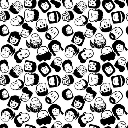 hand drawn lines People's faces express their emotions. Seamless vector illustration.のイラスト素材