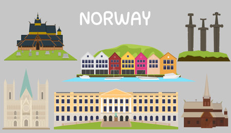 Set of flat vector illustrations of Norway's landmarks. Cute cartoon style, bright colorsのイラスト素材