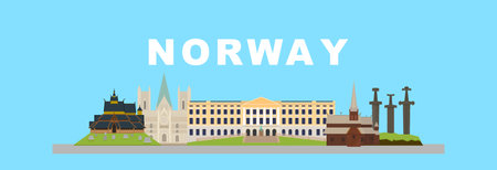 Set of flat vector illustrations of Norway's landmarks. Cute cartoon style, bright colorsのイラスト素材