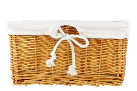 Wicker basket with decoration material  Isolated on white  Isolated with  clipping path の写真素材