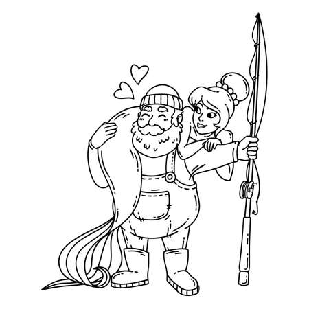 Fisherman with mermaid. Isolated objects on white background.のイラスト素材