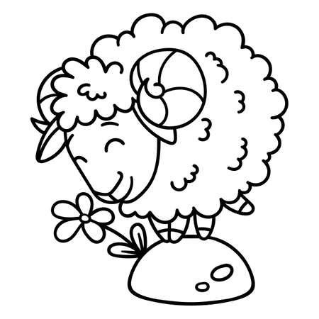 Sheep with a flower isolated objects on white background for coloring pages. Black and white illustration.のイラスト素材