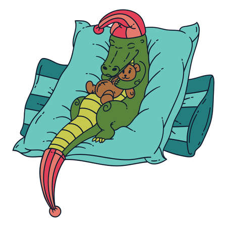 Cute green crocodile sleeping on the pillows with teddy bear.のイラスト素材