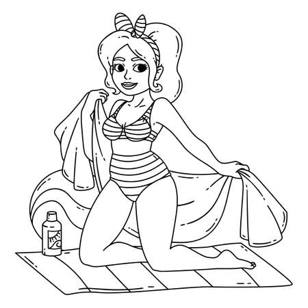 Beautiful girl in retro swimsuit on a beach. Female on beach. Vector illustration isolated on white background. Coloring pages. Black and white illustration.のイラスト素材