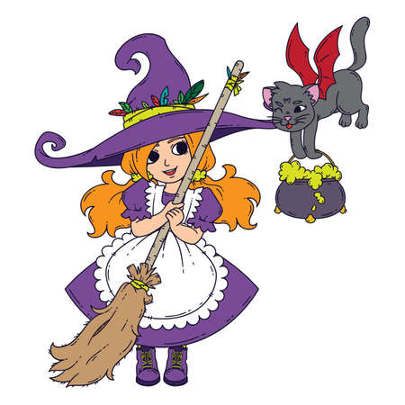 A little witch with a broom, a cat and a pot. Vector illustration isolated on white background.のイラスト素材