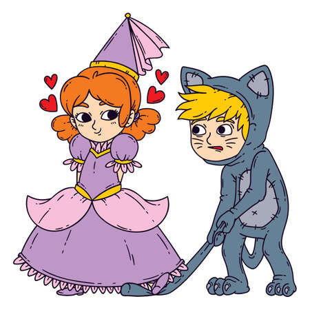 Boy and girl in halloween costumes princess and cat. Girl flirting with boy. Vector illustration isolated on white background.のイラスト素材
