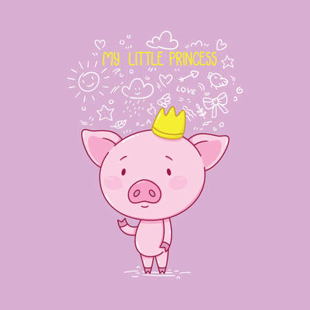 My little princess. Card for valentine's day. Cute piggy in crown. Kid illustration. Illustration for children's book. Illustration for a postcard or poster.のイラスト素材