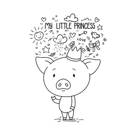 My little princess. Card for valentine's day. Cute piggy in crown. Kid illustration. Illustration for children's book. Illustration for a postcard or poster. Coloring illustration for kids.のイラスト素材